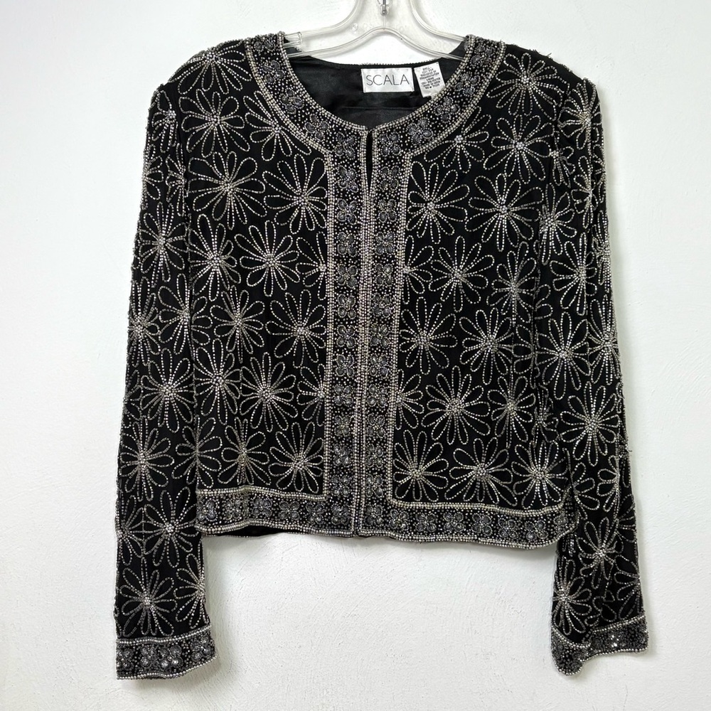 Scala Embroidered Silk Formal Evening Jacket Silver Floral Beading